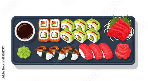 Artistic assortment sushi set on a dark rectangular plate on white background