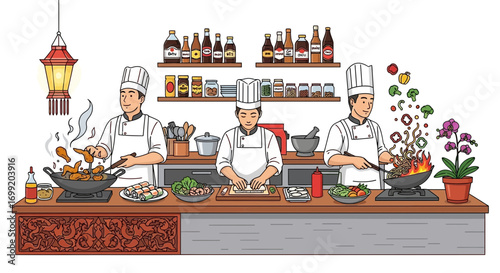 Asian cuisine cooking scene with chefs preparing different dishes elegantly
