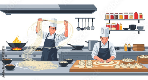 Asian culinary artistry showcasing noodle creation and dumpling preparation