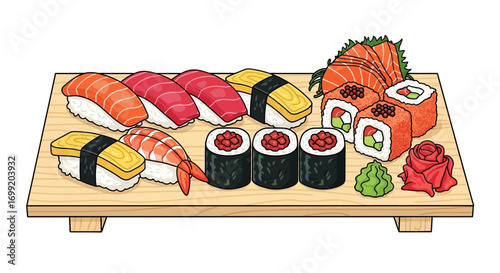 Assorted sushi arrangement on a wooden board perfect culinary delight
