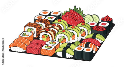 Assorted Sushi Platter Illustration Showcasing Japanese Culinary Delights