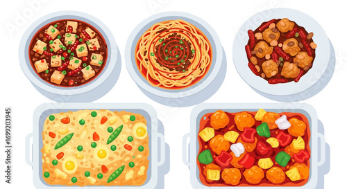 Assortment of delicious and colorful chinese dishes, viewed from overhead