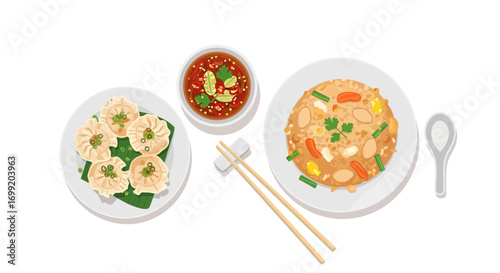 Assortment of Delicious Asian Cuisine Served on Plates, Flat Lay View