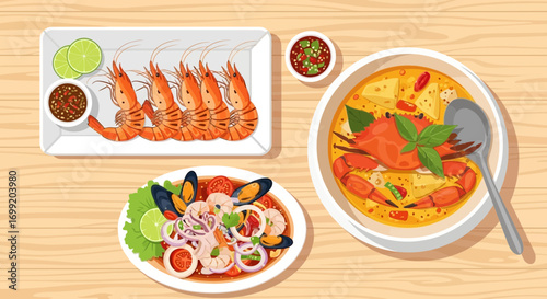 Assortment of appetizing seafood dishes, flat lay arrangement display