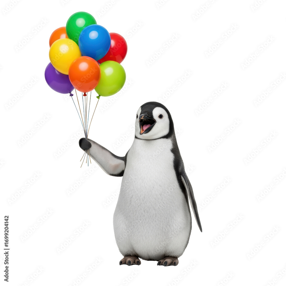 Fototapeta premium Penguin holding colorful balloons on transparent background