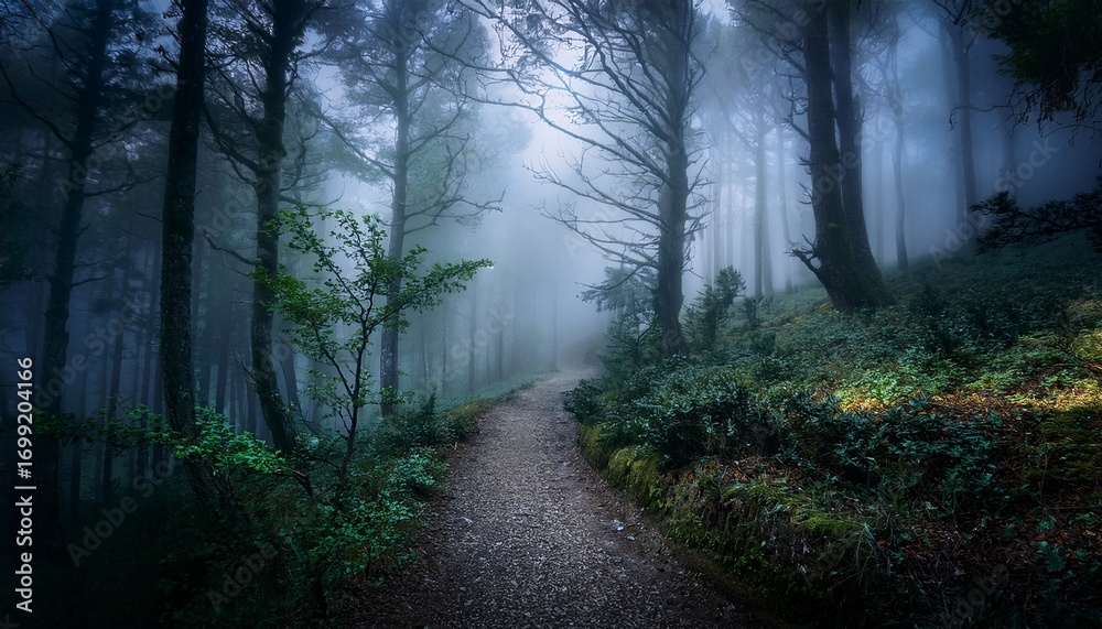 Fototapeta premium Enigmatic Forest Path A Mysterious And Atmospheric Photograph Of A Fog Laden Path Winding Through A Dense Dark Forest The Scene Evokes A Sense Of Mystery And Intrigue