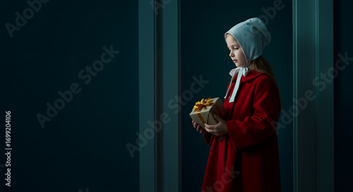 Young girl in red coat and bonnet holding a basket of food.