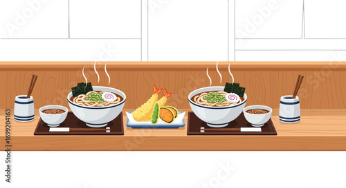 Authentic Japanese Udon Noodle Bowls with Tempura on a Wood Counter