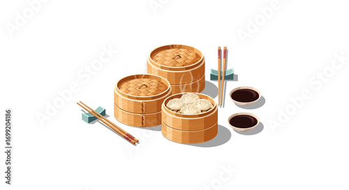 Authentic oriental cuisine dim sum in bamboo steamers illustration