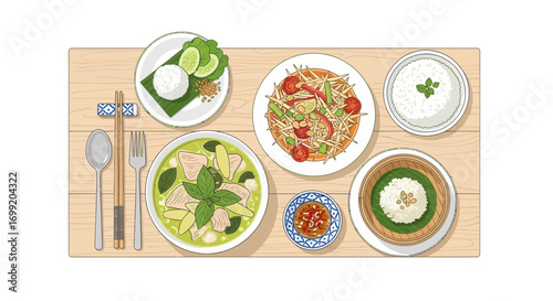 Authentic Thai Cuisine Illustration Featuring Green Curry and Papaya Salad