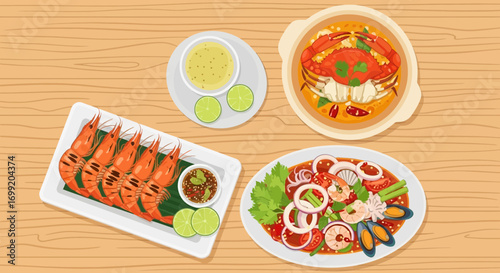 Authentic thai seafood dishes assortment on wooden surface top view
