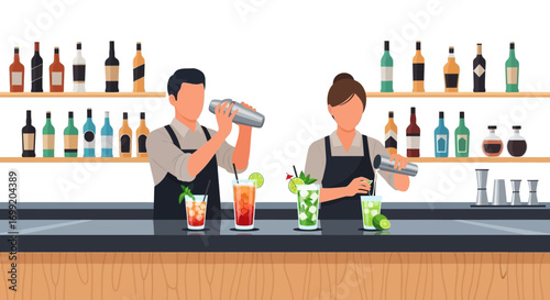 Bartenders crafting colorful cocktails behind a stylish bar counter scene