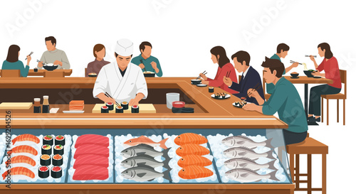 Busy sushi restaurant scene with chef preparing food for customers