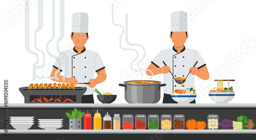 Busy Restaurant Kitchen Scene with Chefs Preparing Various Dishes