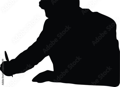 A close-up silhouette of a person seated at a desk, with their hand holding a pen and writing. The image is a vector illustration, focusing on the action of writing or signing.

