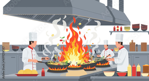 Captivating culinary illustration, showcasing chefs preparing food on fiery woks