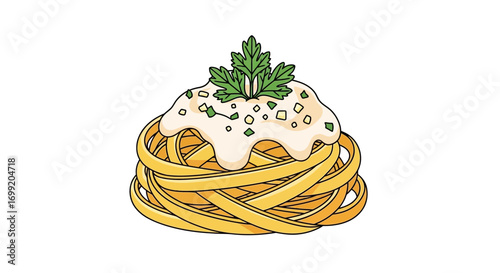 Cartoon illustration of a plate of tagliatelle with cream sauce and parsley