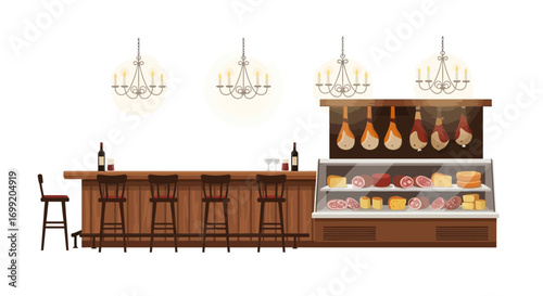 Charming Delicatessen Interior with Rustic Accents and Gourmet Delights Display