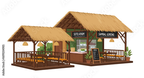 Charming Indonesian eatery illustration showcasing traditional dishes and architecture