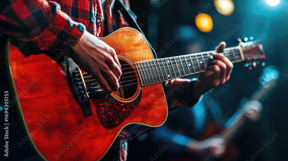 Fototapeta premium A person playing an acoustic guitar on a stage with a blurred background.