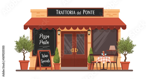 Charming Italian Trattoria Facade with Pizza and Pasta Menu Illustration