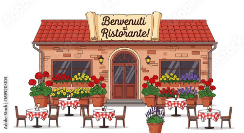 Charming Italian restaurant scene with checkered tablecloths and flowers