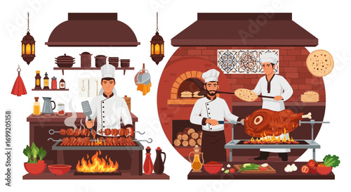 Chefs preparing Middle Eastern cuisine in a traditional culinary environment