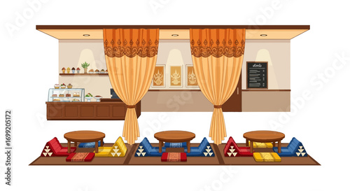 Charming Thai Cafe Interior Illustration with Traditional Seating Area