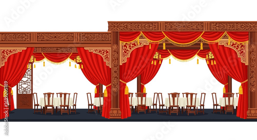 Chinese restaurant interior, traditional oriental architectural design, dining hall