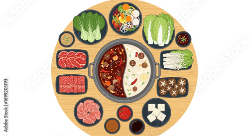 Circular table arrangement of a double flavored hot pot with ingredients