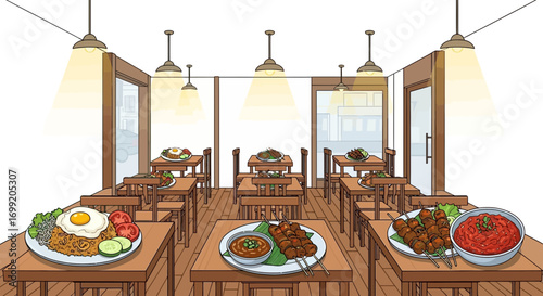 Cozy indonesian restaurant scene with various traditional dishes served