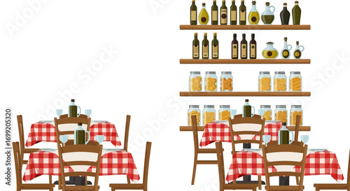 Cozy Italian Restaurant Interior Featuring Rustic Shelves and Checkered Tables