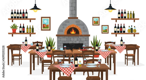 Cozy italian restaurant interior with wood-fired oven and wine displays