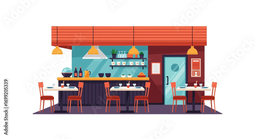 Cozy restaurant interior illustration with dining tables and kitchen counter