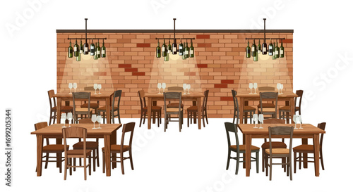 Cozy restaurant dining room illustration with rustic charm and brick wall