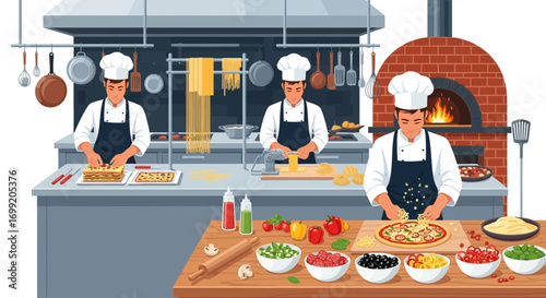 Culinary artisans crafting Italian delicacies in a bustling restaurant kitchen