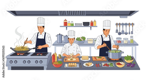 Culinary team masters diverse dishes, chefs create vibrant Asian cuisine