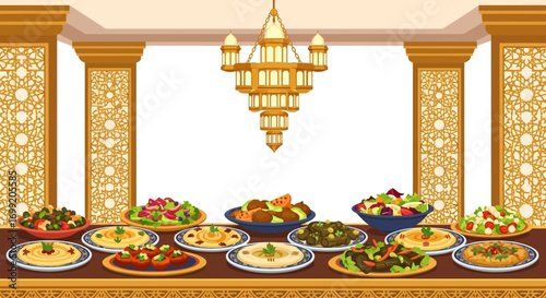 Delicious Arabic food served on a table in front of decorated walls