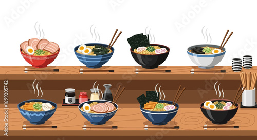 Delicious Assortment of Japanese Ramen Bowls with Various Toppings and Styles