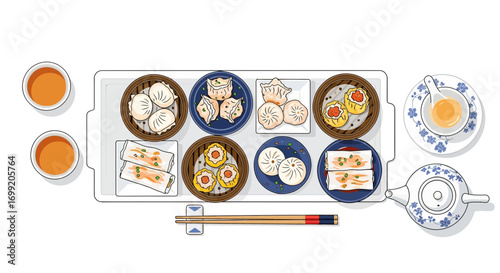 Delicious assortment of dim sum cuisine served with hot tea delicacies