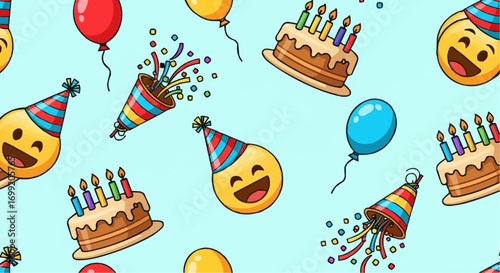Seamless pattern with birthday party elements emojis balloons cake confetti and party hats for celebration decor vector