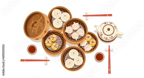 Delicious dim sum dumplings and teapot, a culinary experience, traditional cuisine