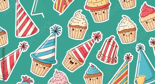 Cute birthday party background with cupcakes and party hats vector seamless pattern for celebration design vector