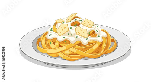 Delicious fettuccine pasta with creamy sauce and parmesan illustration