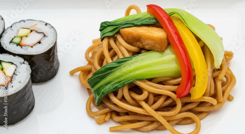 Delicious fusion cuisine featuring sushi rolls and savory noodles dish