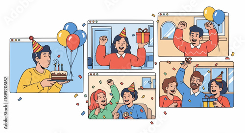 Virtual birthday party celebration online with friends and family using video call and cake and gifts vector