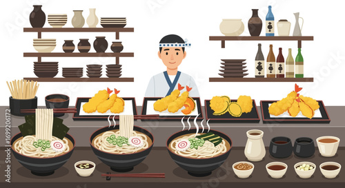 Delicious Japanese Cuisine Illustration with Udon and Tempura Dishes
