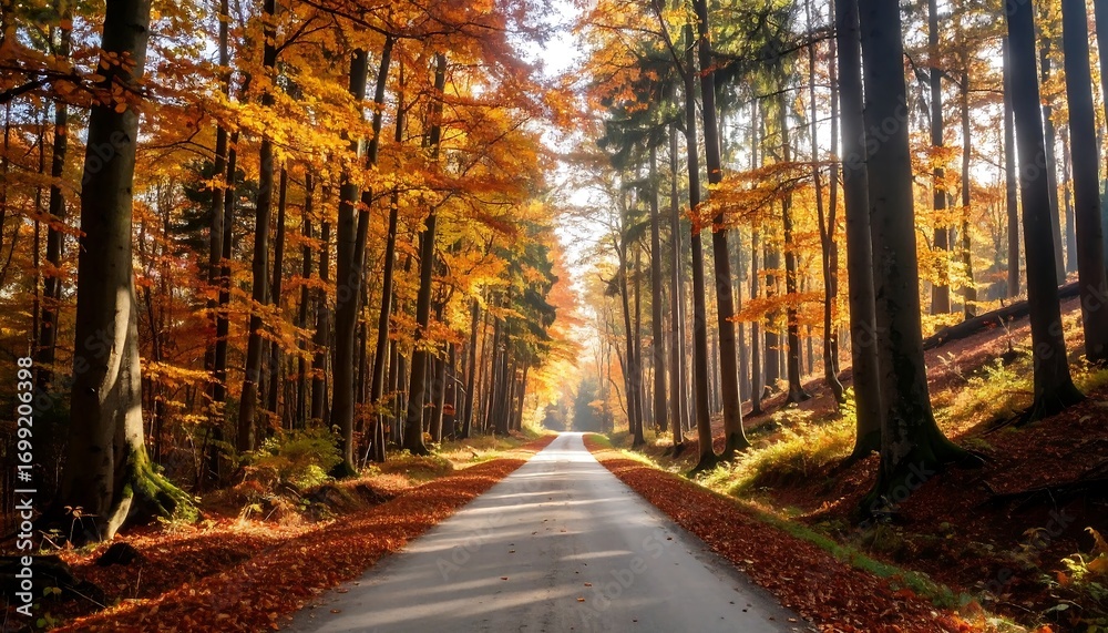 Naklejka premium A straight road cuts through a forest of tall trees ablaze with golden and orange autumn foliage. The path leads toward bright light