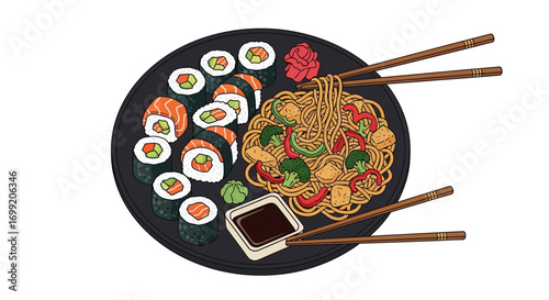 Delicious Sushi Rolls and Asian Noodle Dish on a Plate Illustration