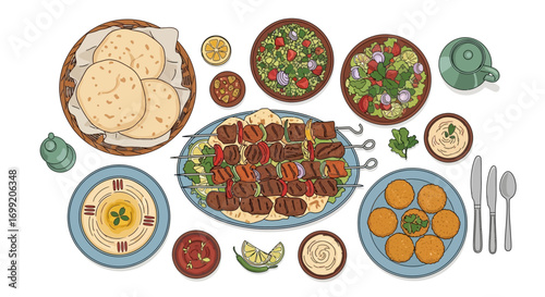 Delicious spread of middle eastern food featuring kebab and fresh salads